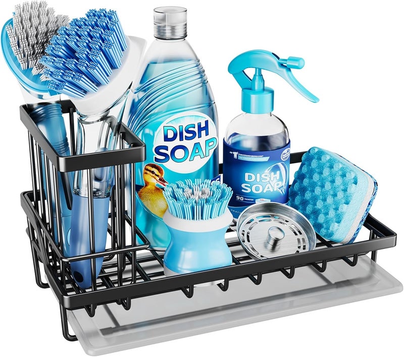 Consumest Sink Caddy, Kitchen Sponge Holder with Dish Brush Holder, Kitchen Sink Organizer with Drip Tray for Countertop Stainless Steel Rustproof, Black-Large - Image 1